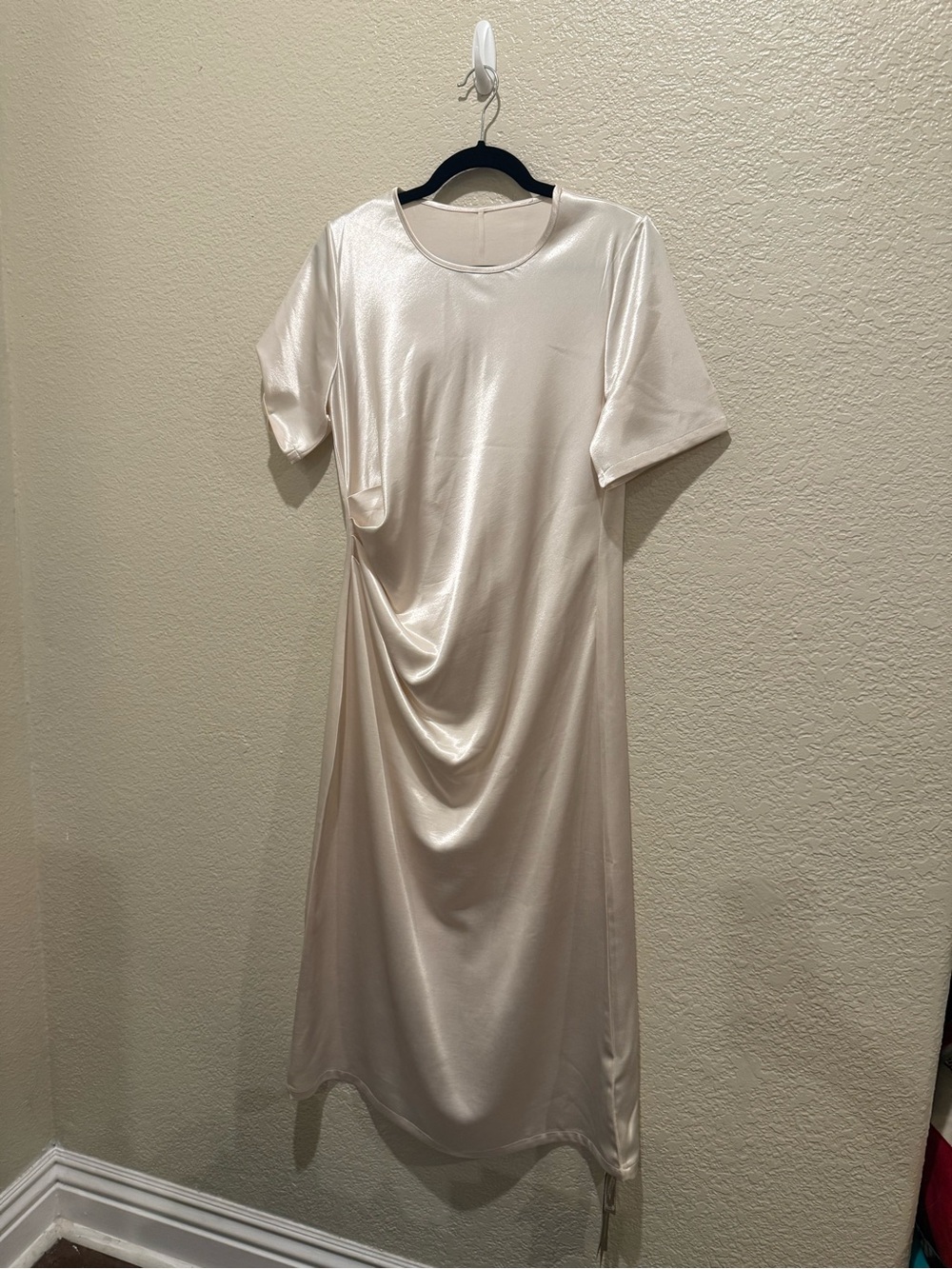 Satin Cream Draped Maxi Dress with Short Sleeves